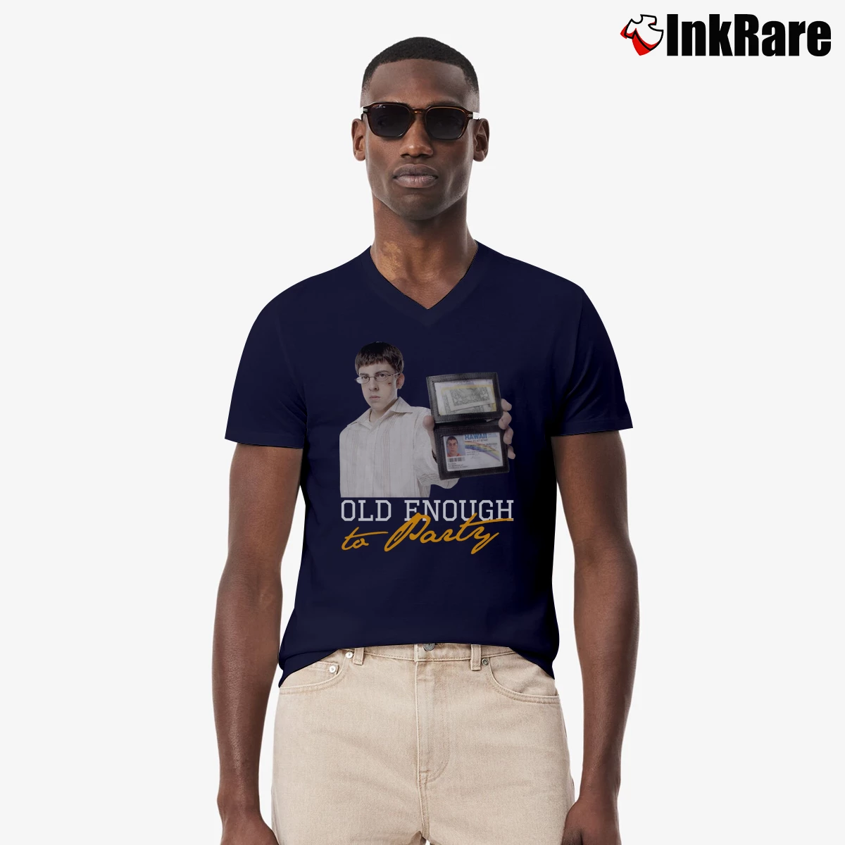 Superbad Mclovin Old Enough To Party Men’s V-Neck Tee in navy – Modern Essential Men’s Superbad Mclovin Old Enough To Party V-Neck Tee in navy | Sharp, Breathable, Everyday Staple