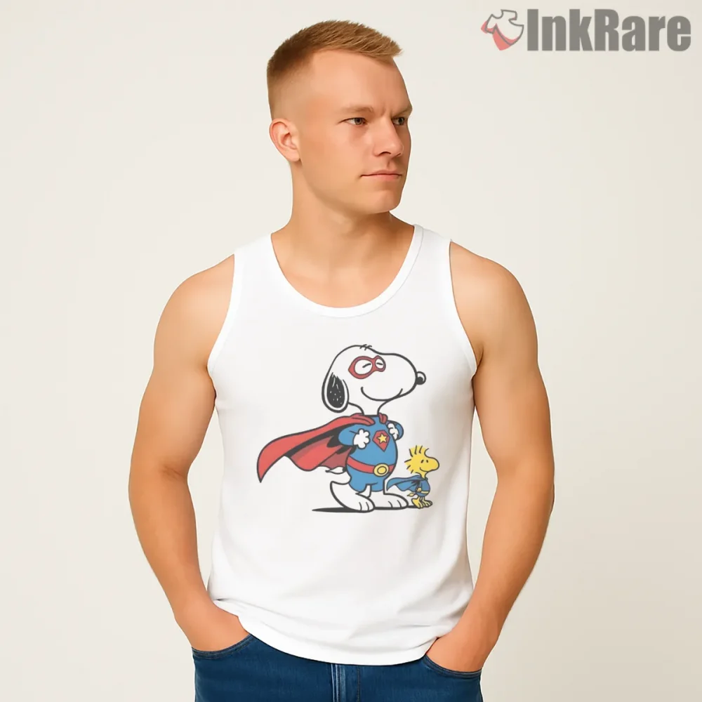Superhero Snoopy And Woodstock Power Duo Shirt on white tank top for men graphic tee