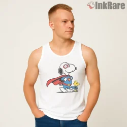 Superhero Snoopy And Woodstock Power Duo Shirt on white tank top for men graphic tee