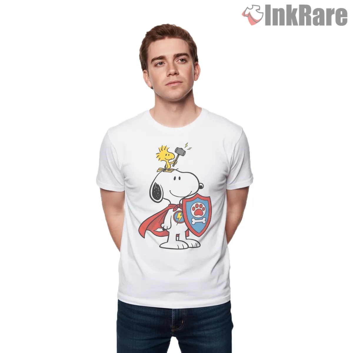 Superhero Snoopy Lightning Paw Shield Shirt on white short sleeve shirt for men graphic tee