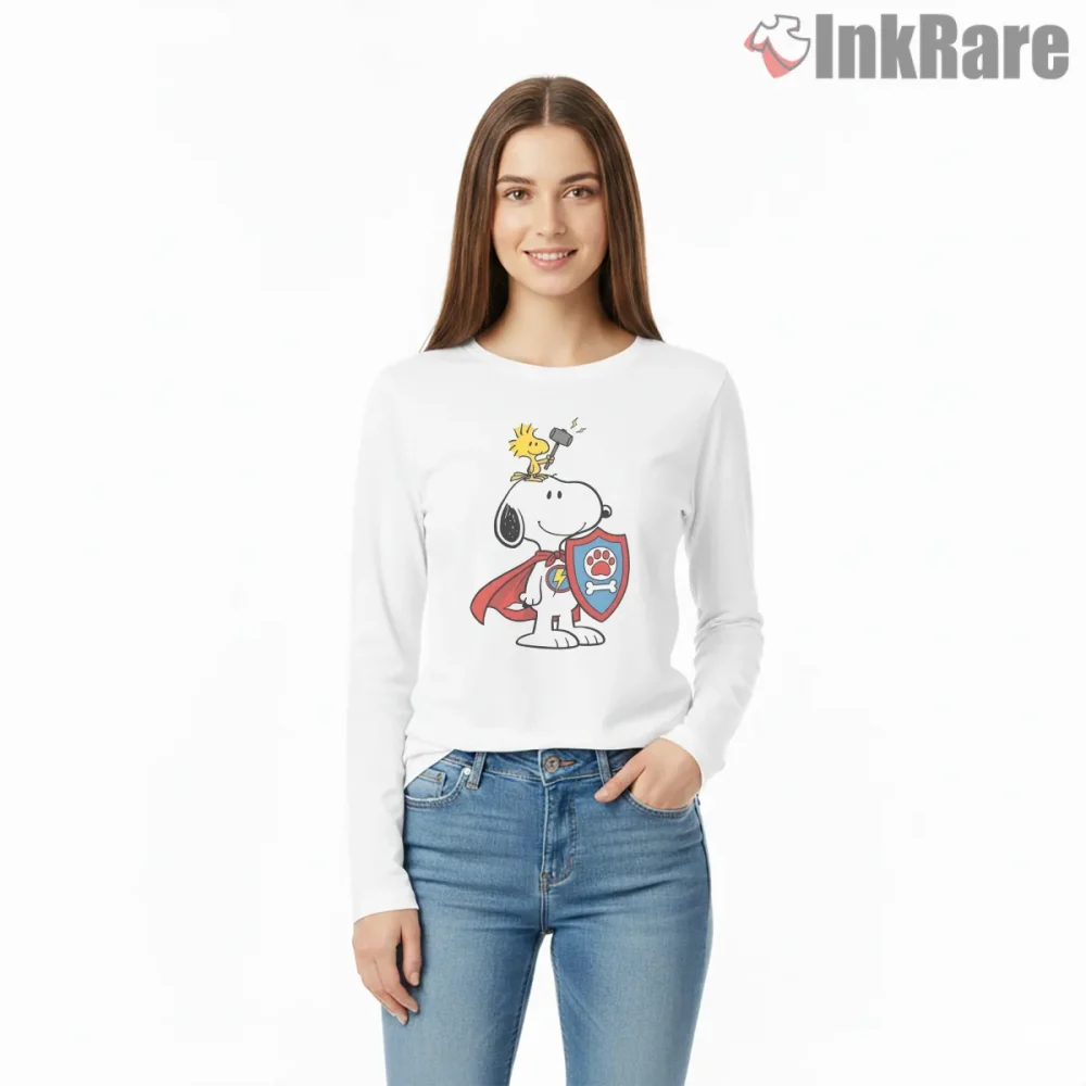 Superhero Snoopy Lightning Paw Shield Shirt on white long sleeve shirt for women graphic tee