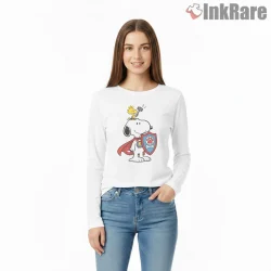Superhero Snoopy Lightning Paw Shield Shirt on white long sleeve shirt for women graphic tee