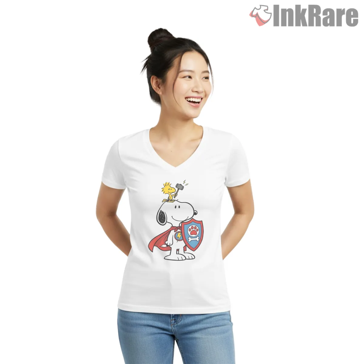 Superhero Snoopy Lightning Paw Shield V Neck White Superhero Snoopy Lightning Paw Shield Shirt on white v-neck shirt for women graphic tee
