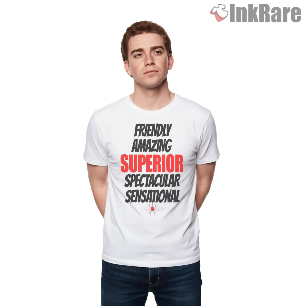 Superior Spider Hero Typography Bold Statement Shirt on white short sleeve shirt for men graphic tee