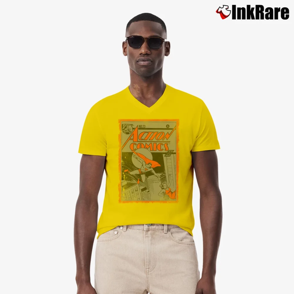 Men’s Superman Action Comics No. 23 Vintage 90s V-Neck Tee in yellow | Sharp, Breathable, Everyday Staple