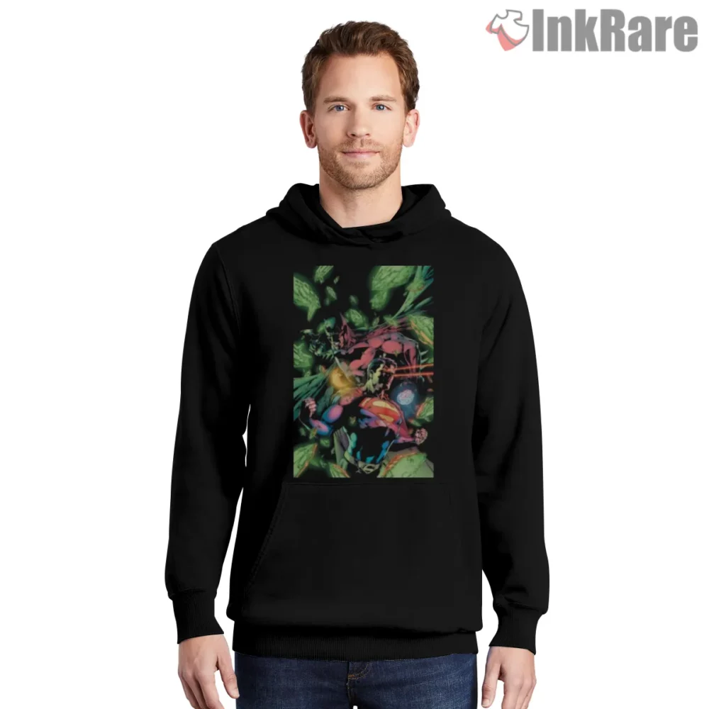 Superman And Batman Jungle Clash Shirt on black hoodie for men graphic tee