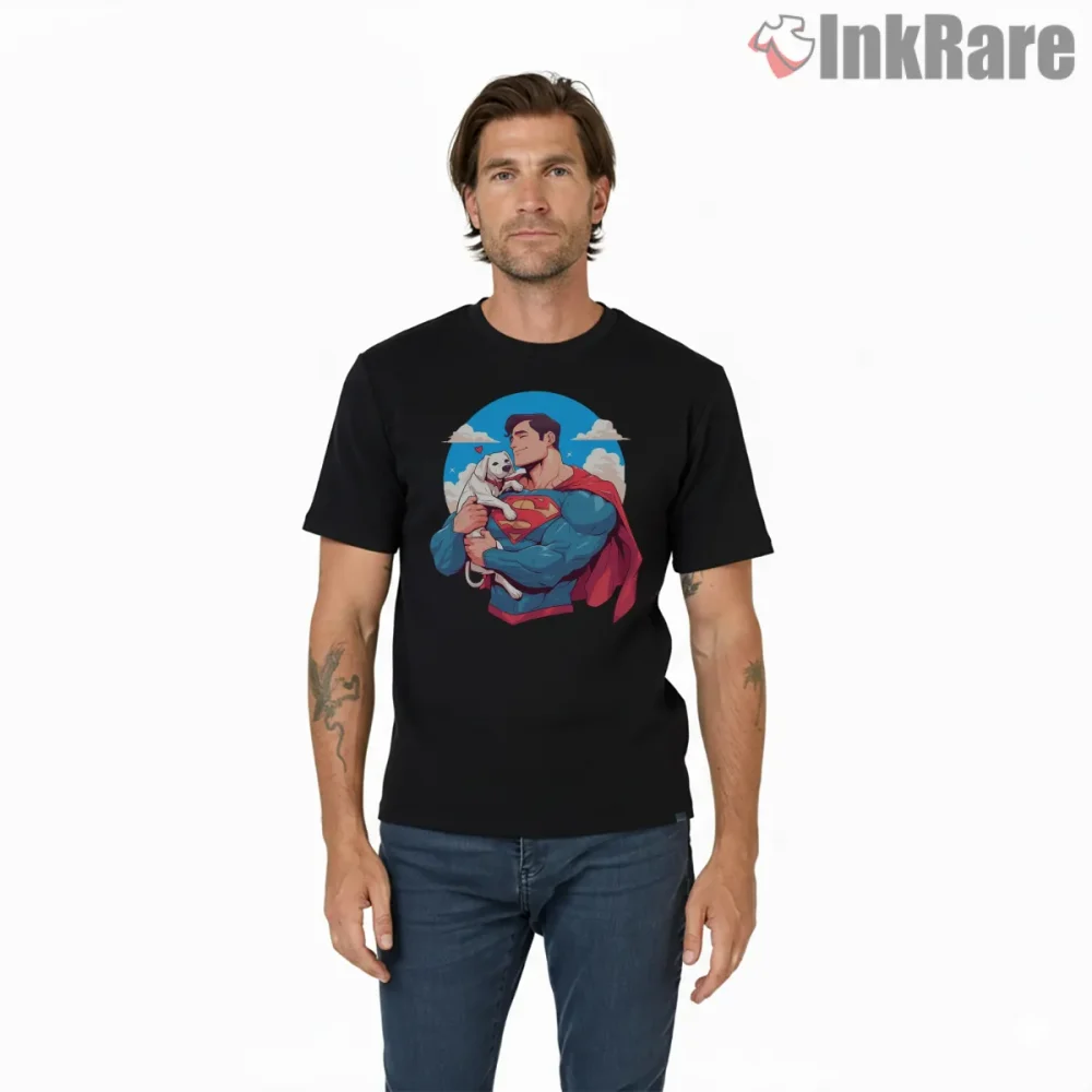 Superman And Krypto Heartwarming Companion Hero Shirt on black short sleeve shirt for men graphic tee