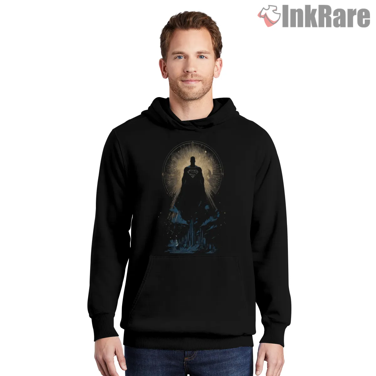 Superman Ascension Godlike Cosmic Power Silhouette Shirt on black hoodie for men graphic tee