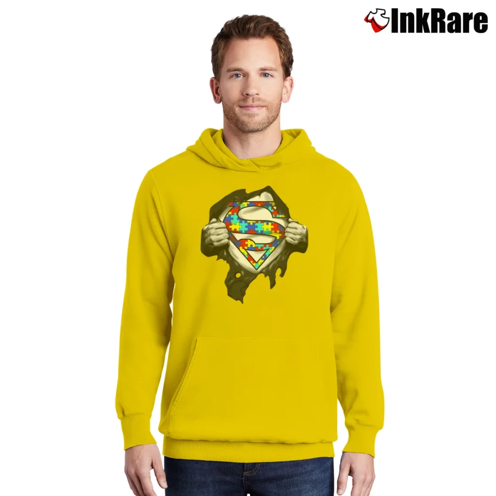 Men’s Superman Autism Awareness Graphic Pullover Hoodie in yellow | Cozy, Durable, Modern Fit