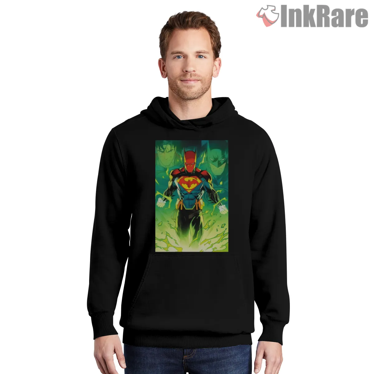Superman Batman Fusion Dc Heroes Neon Power Shirt on black hoodie for men graphic tee