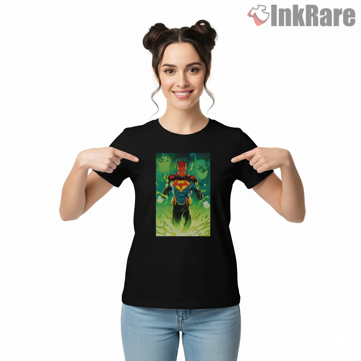 Superman Batman Fusion Dc Heroes Neon Power Short Sleeve Black Superman Batman Fusion Dc Heroes Neon Power Shirt on black short sleeve shirt for women graphic tee