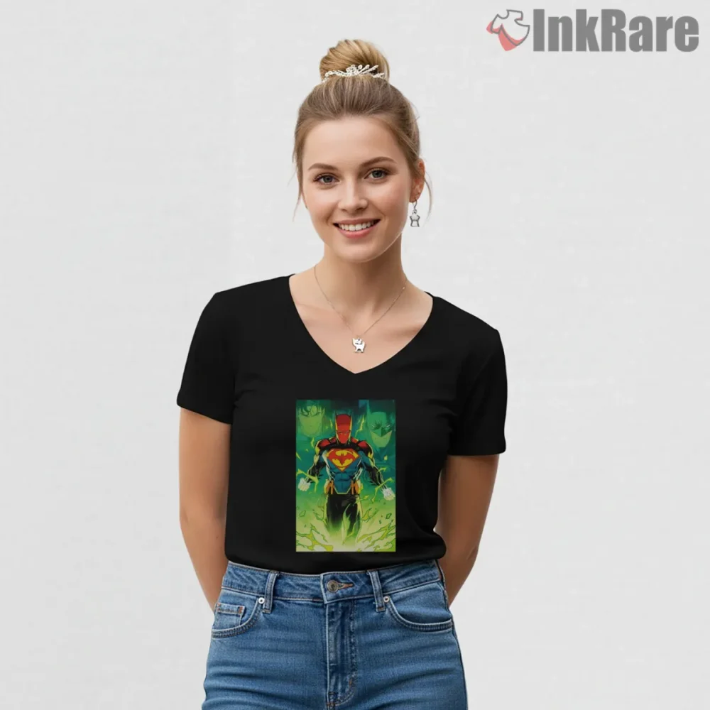 Superman Batman Fusion Dc Heroes Neon Power Shirt on black v-neck shirt for women graphic tee
