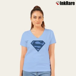 Women’s Superman Blue Shield Logo Graphic V-Neck Tee in light blue | Chic Neckline, Soft Texture