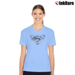 Women’s Superman Butterfly Logo Man of Steel V-Neck Tee in light blue | Chic Neckline, Soft Texture