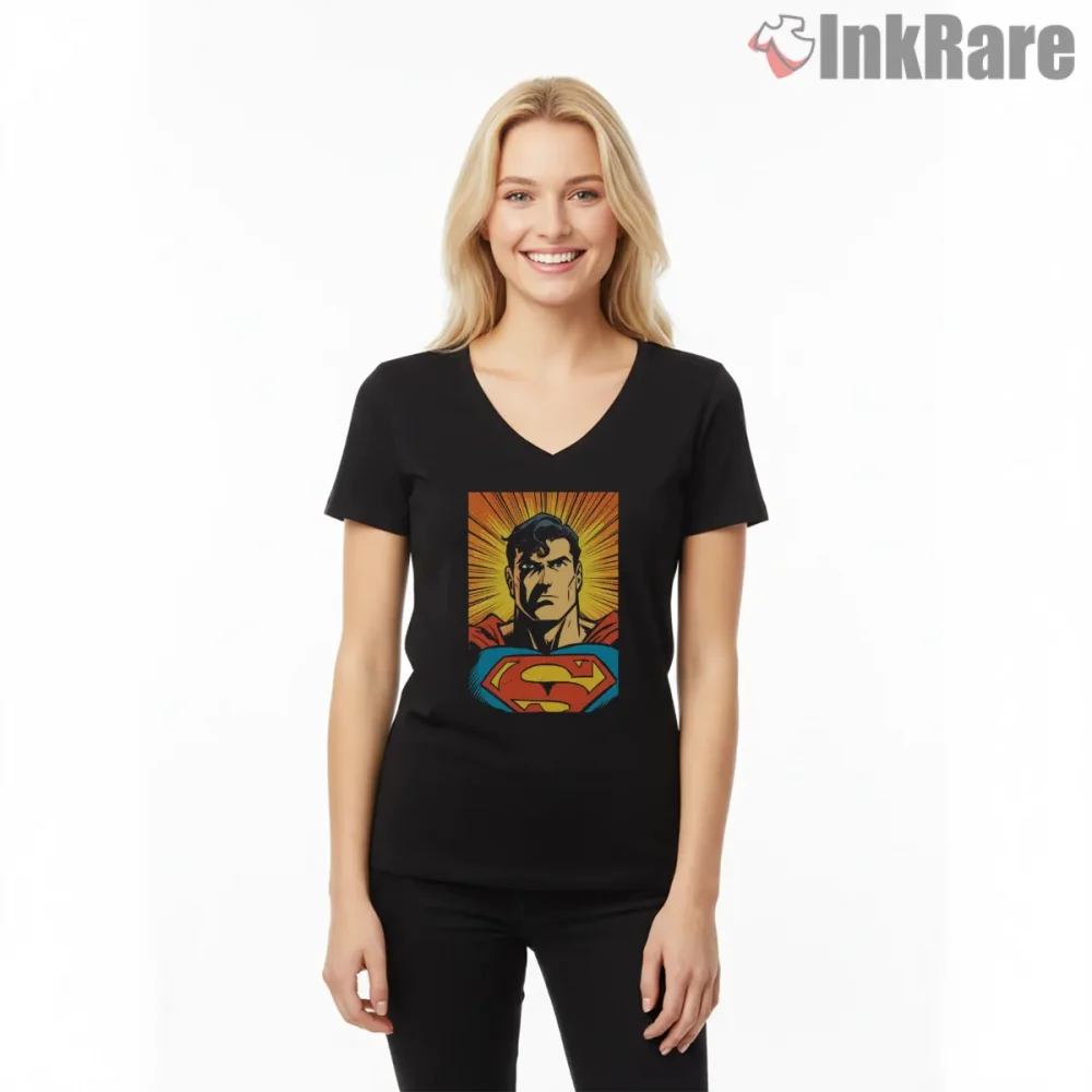 Superman Classic Portrait Radiant Sunburst Comic Shirt on black v-neck shirt for women graphic tee