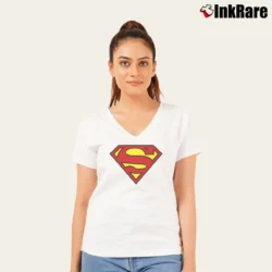 Women’s Superman Classic S Logo Graphic V-Neck Tee in white | Chic Neckline, Soft Texture