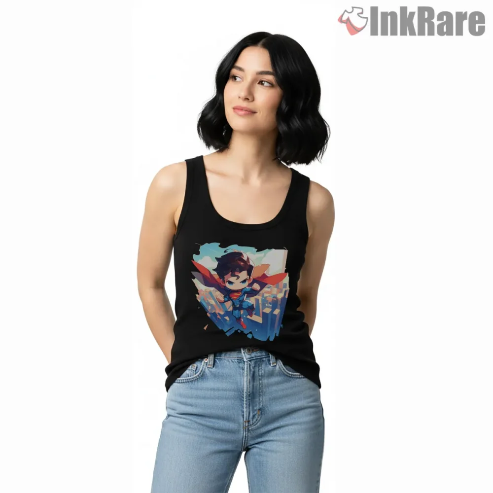 Superman Cute Chibi Flying Cityscape Cartoon Shirt on black tank top for women graphic tee