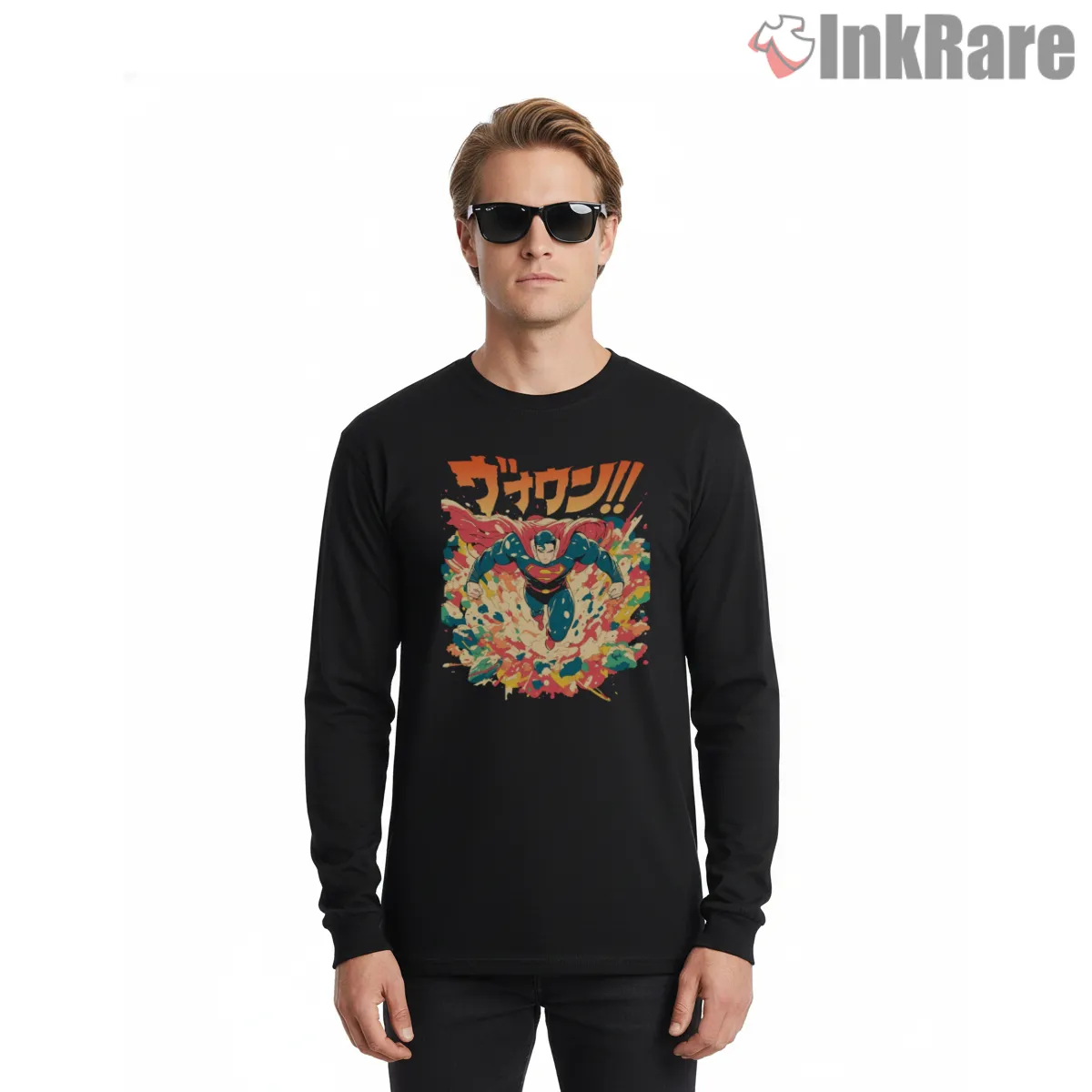 Superman Explosive Flight Dynamic Comic Art Shirt on black long sleeve shirt for men graphic tee