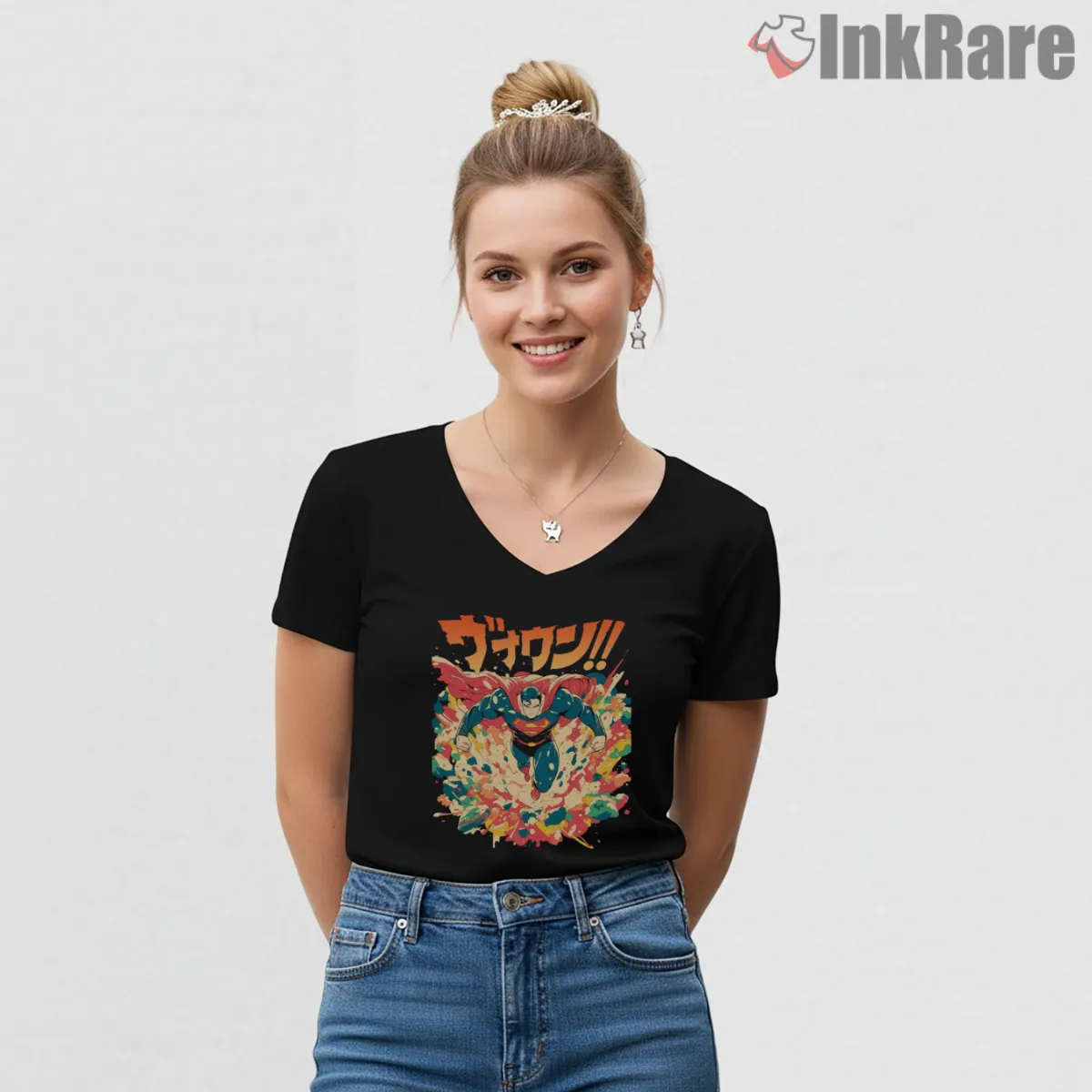 Superman Explosive Flight Dynamic Comic Art V Neck Black Superman Explosive Flight Dynamic Comic Art Shirt on black v-neck shirt for women graphic tee