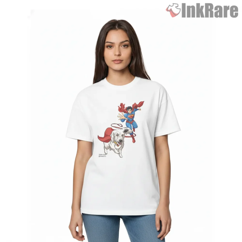 Superman Flying With Krypto Dynamic Action Companion Shirt on white short sleeve shirt for women graphic tee