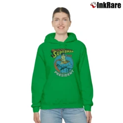 Women’s Superman for President Political Humor Graphic Cozy Hoodie in irish green | Warm, Structured, Stylish