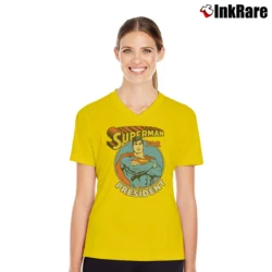 Women’s Superman for President Political Humor Graphic V-Neck Tee in yellow | Chic Neckline, Soft Texture