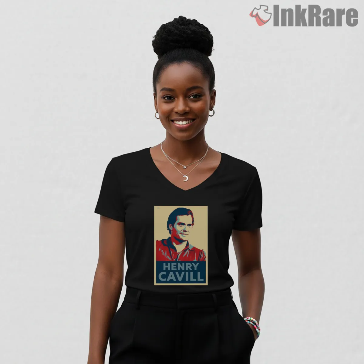 Superman Henry Cavill Hope Poster Style V Neck Black Superman Henry Cavill Hope Poster Style Shirt on black v-neck shirt for women graphic tee