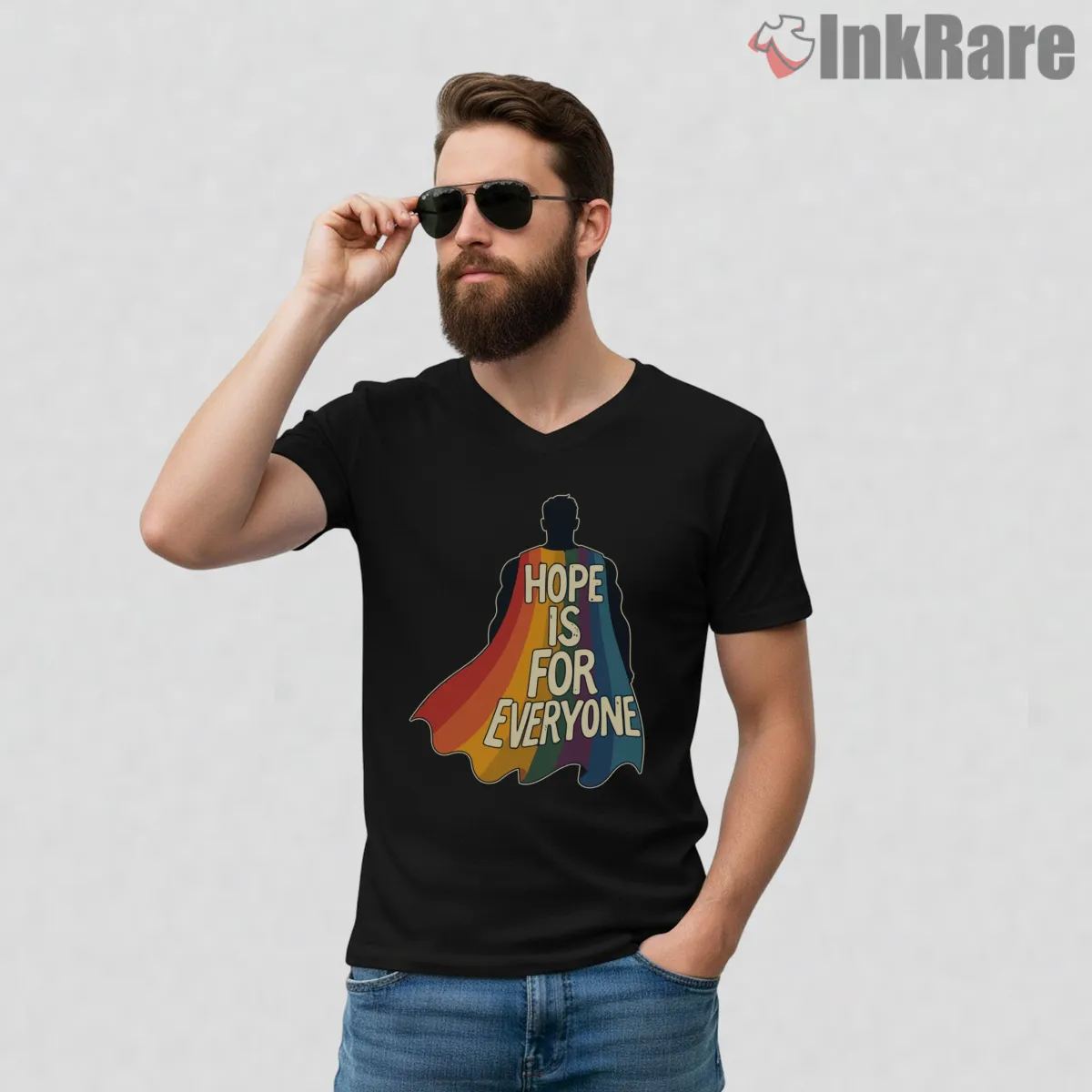 Superman Hope Is For Everyone Pride Rainbow Hero V Neck Black Superman Hope Is For Everyone Pride Rainbow Hero Shirt on black v-neck shirt for men graphic tee