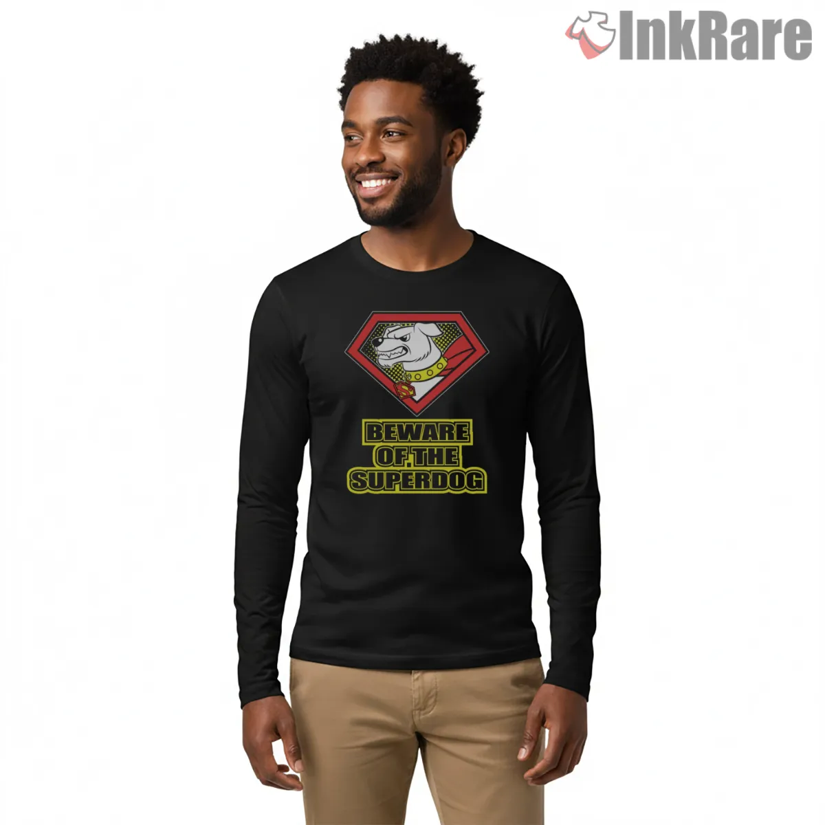 Superman Krypto Beware Of The Superdog Emblem Shirt on black long sleeve shirt for men graphic tee