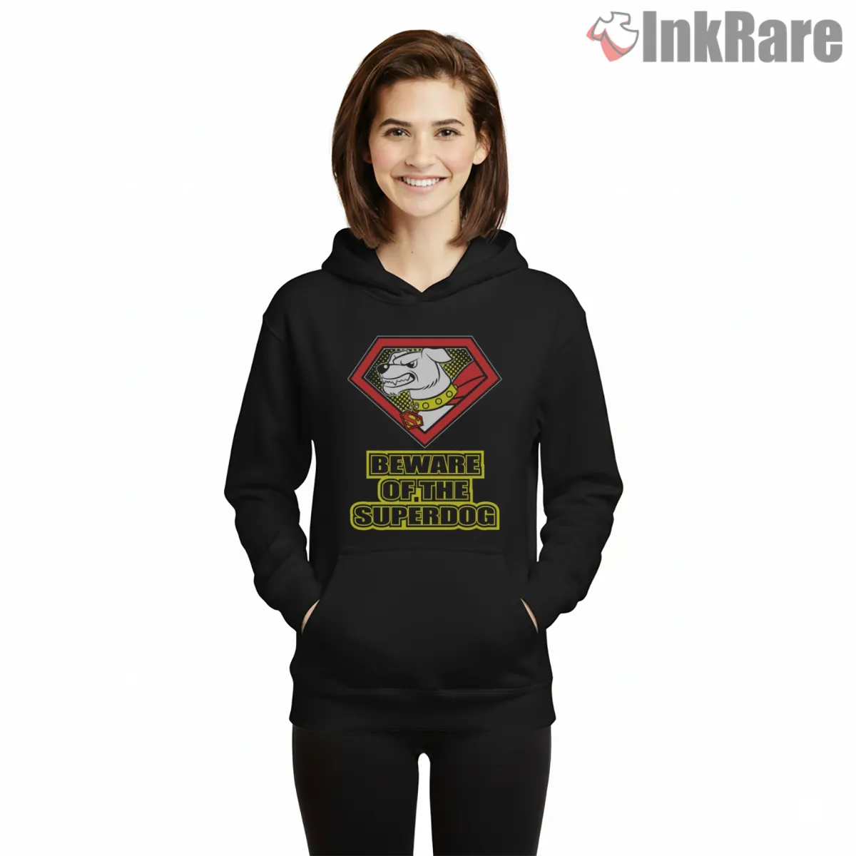Superman Krypto Beware Of The Superdog Emblem Hoodie Black Superman Krypto Beware Of The Superdog Emblem Shirt on black hoodie for women graphic tee