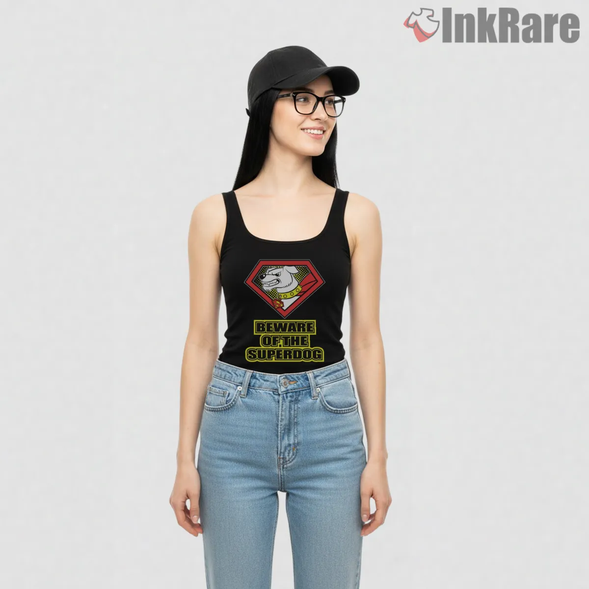 Superman Krypto Beware Of The Superdog Emblem Tank Top Black Superman Krypto Beware Of The Superdog Emblem Shirt on black tank top for women graphic tee