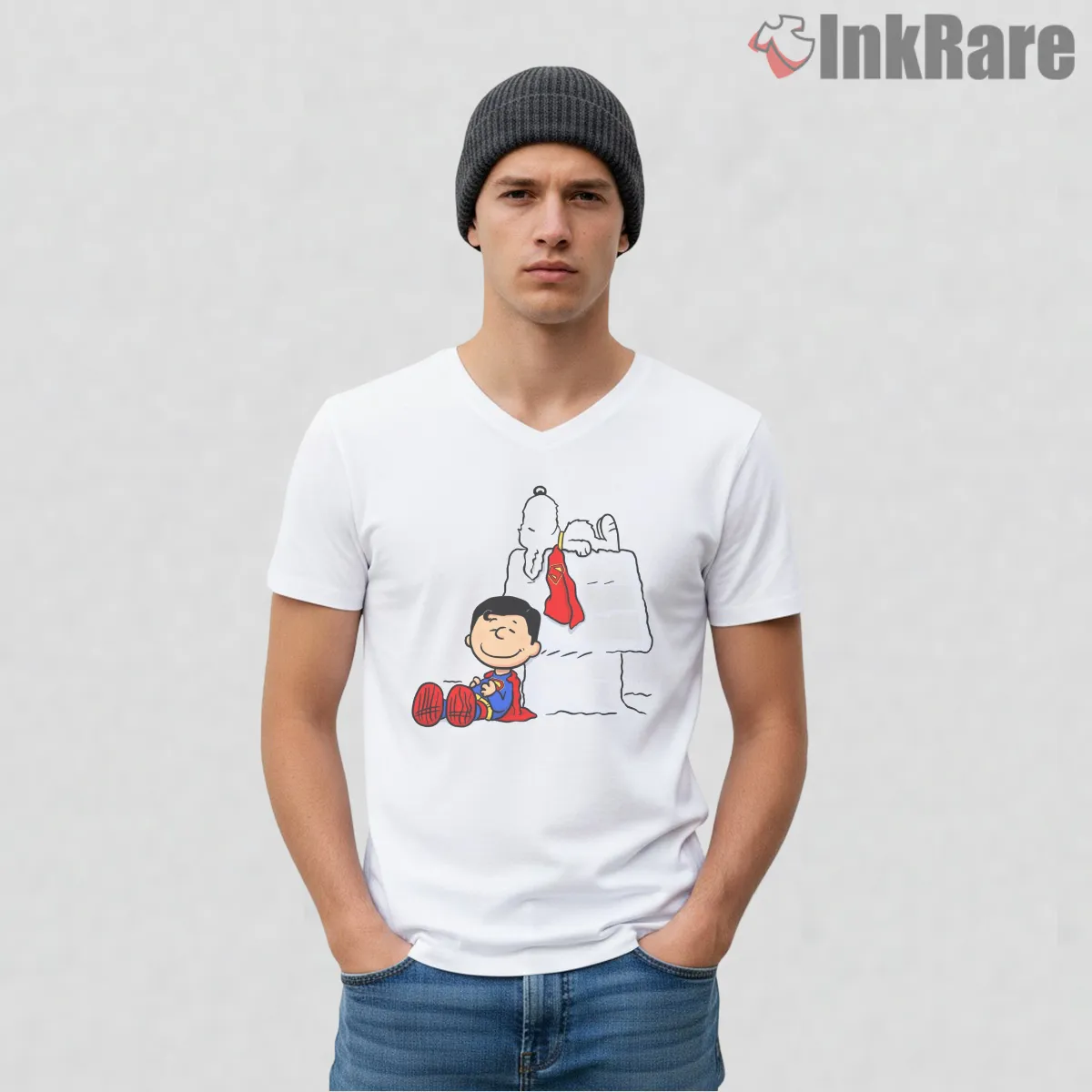 Superman Krypto Snoopy Peanuts Crossover Relaxing Scene Shirt on white v-neck shirt for men graphic tee
