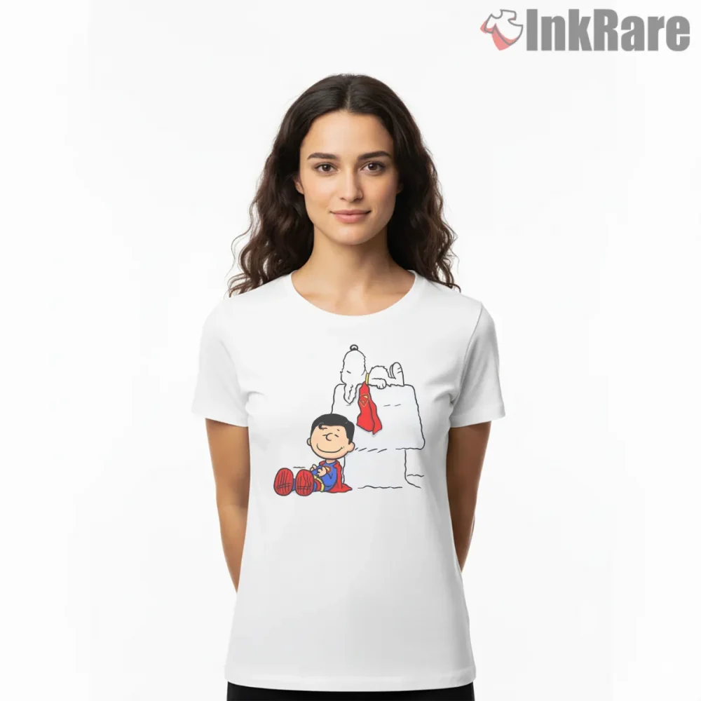 Superman Krypto Snoopy Peanuts Crossover Relaxing Scene Shirt on white short sleeve shirt for women graphic tee