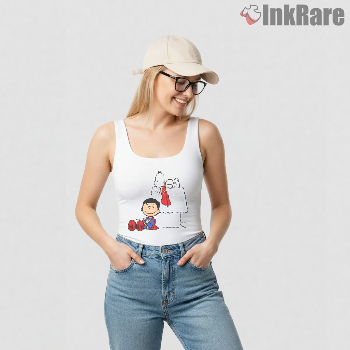 Superman Krypto Snoopy Peanuts Crossover Relaxing Scene Tank Top White Superman Krypto Snoopy Peanuts Crossover Relaxing Scene Shirt on white tank top for women graphic tee
