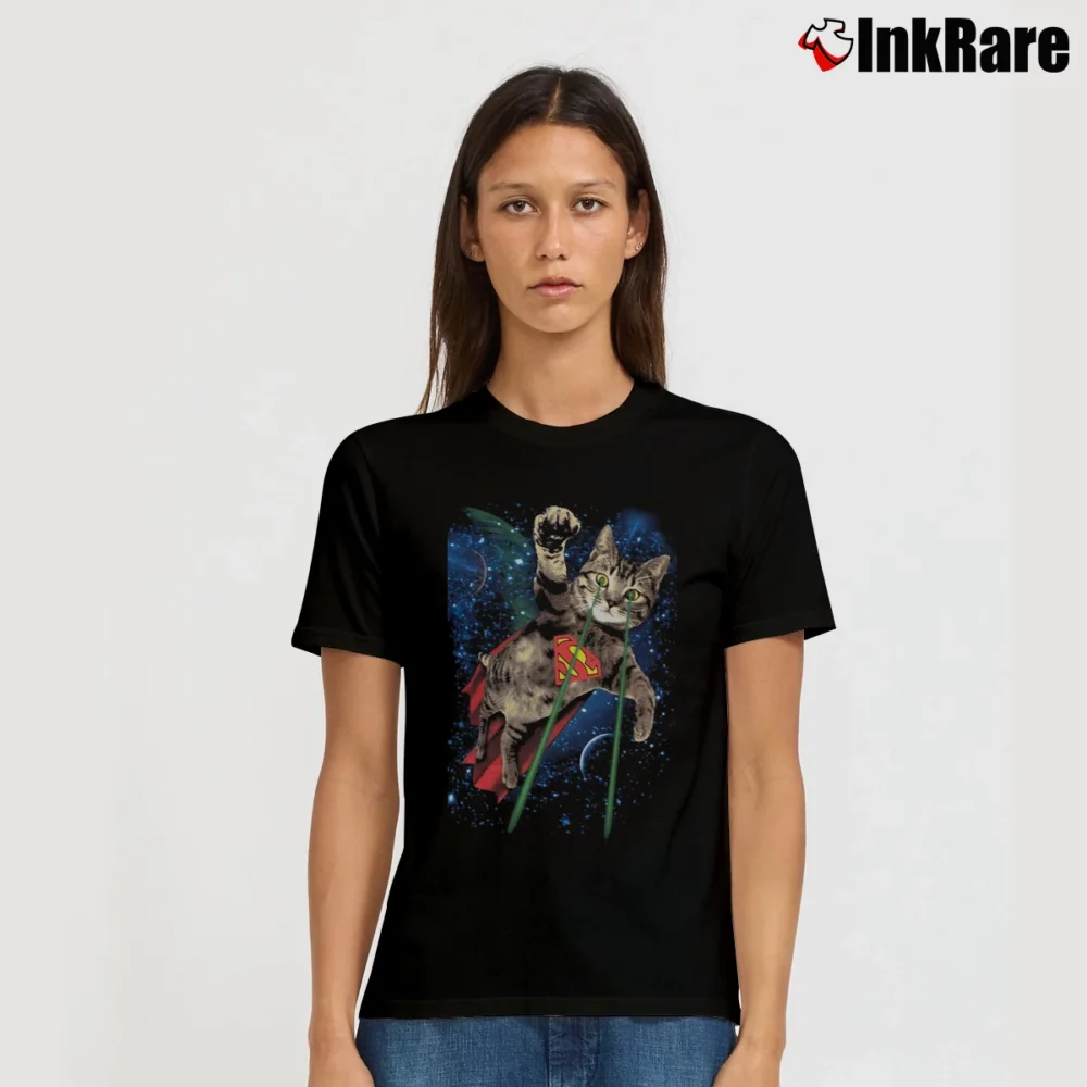 Women’s Superman Laser Cat Funny Novelty Black Signature T-Shirt in black | Soft, Flattering Fit