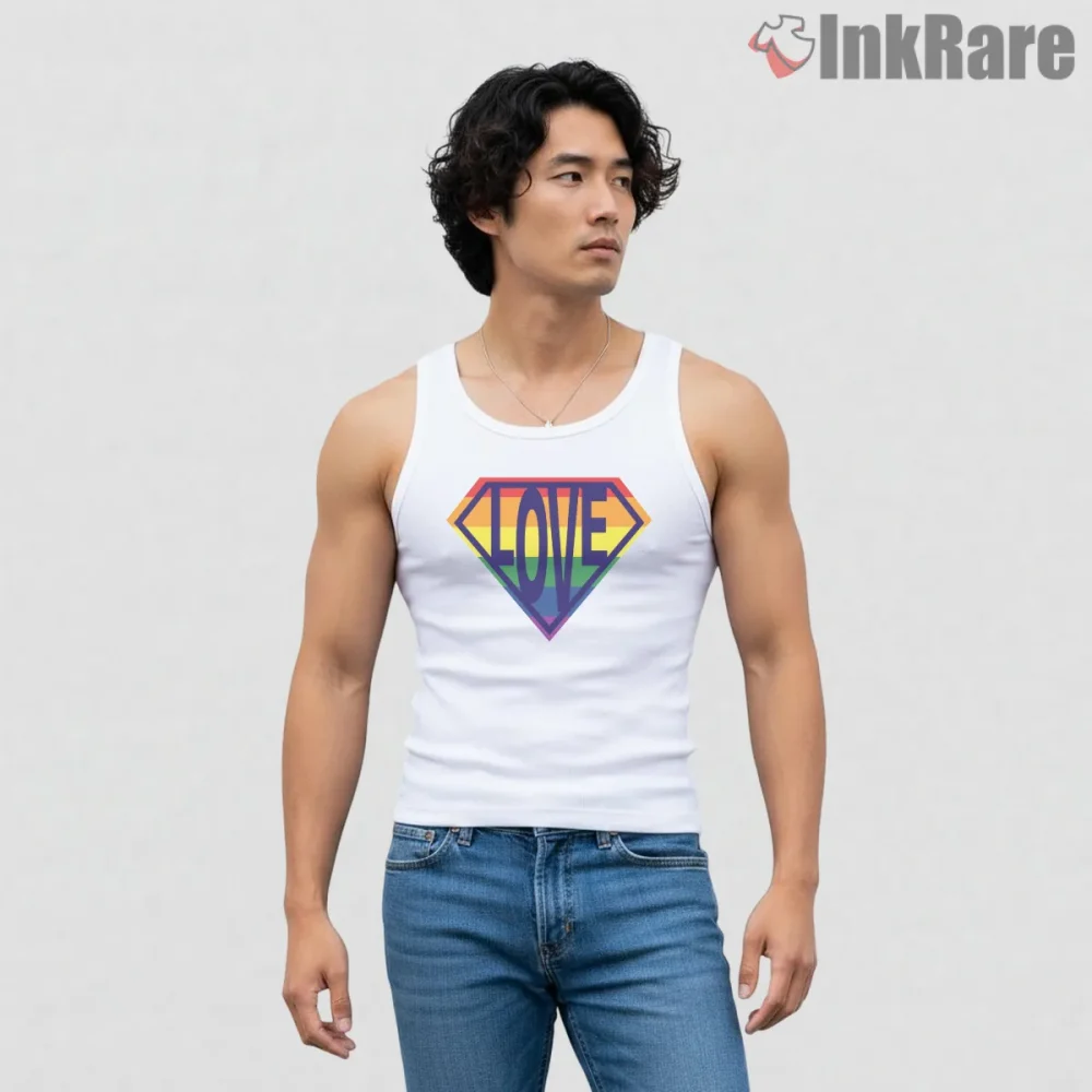 Superman Love Rainbow Pride Symbol Inclusive Hero Shirt on white tank top for men graphic tee