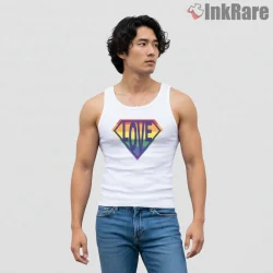 Superman Love Rainbow Pride Symbol Inclusive Hero Shirt on white tank top for men graphic tee