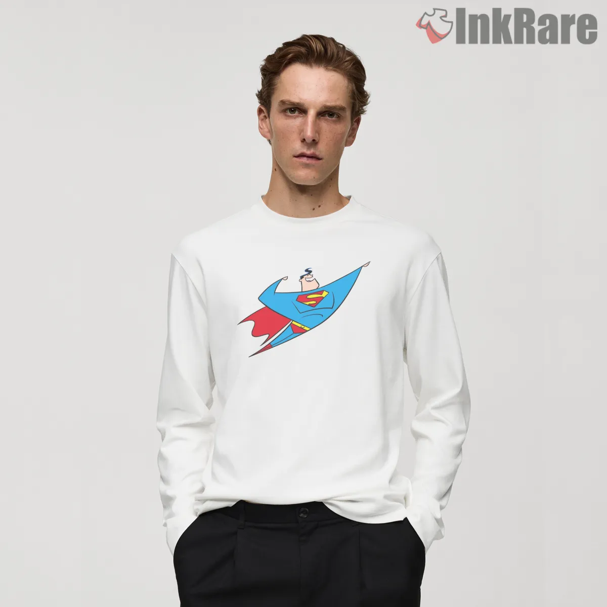 Superman Minimal Flying Silhouette Retro Comic Hero Shirt on white long sleeve shirt for men graphic tee