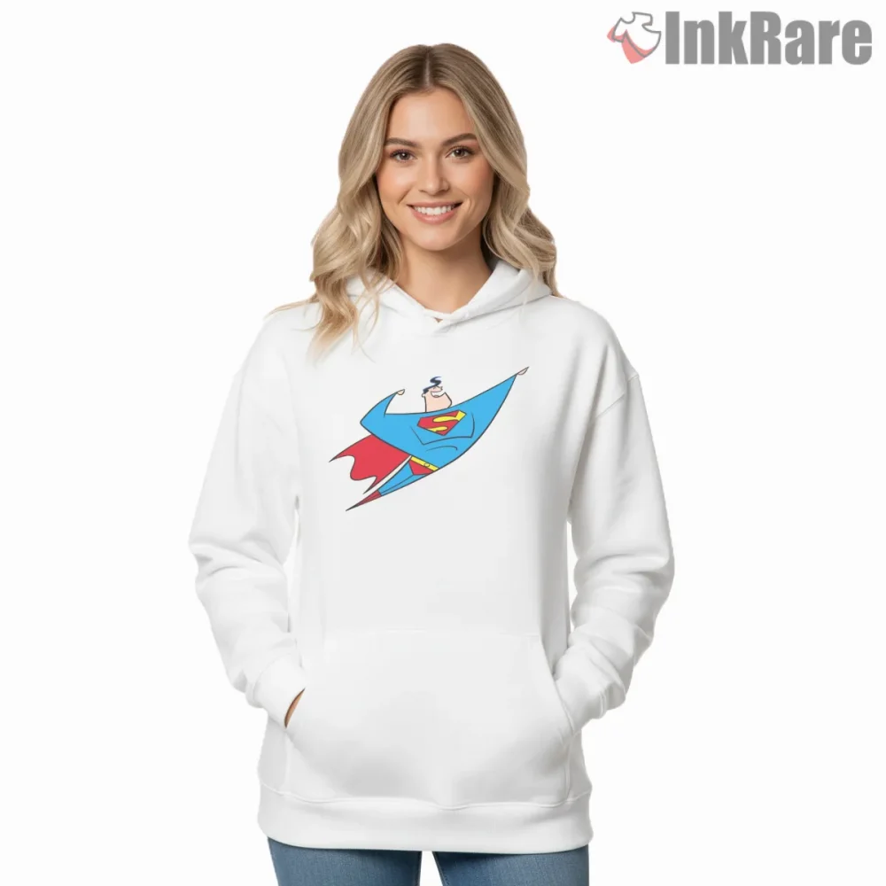 Superman Minimal Flying Silhouette Retro Comic Hero Shirt on white hoodie for women graphic tee