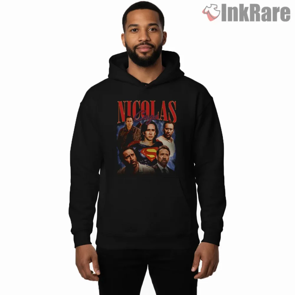 Superman Nicolas Cage Retro 90s Movie Collage Shirt on black hoodie for men graphic tee