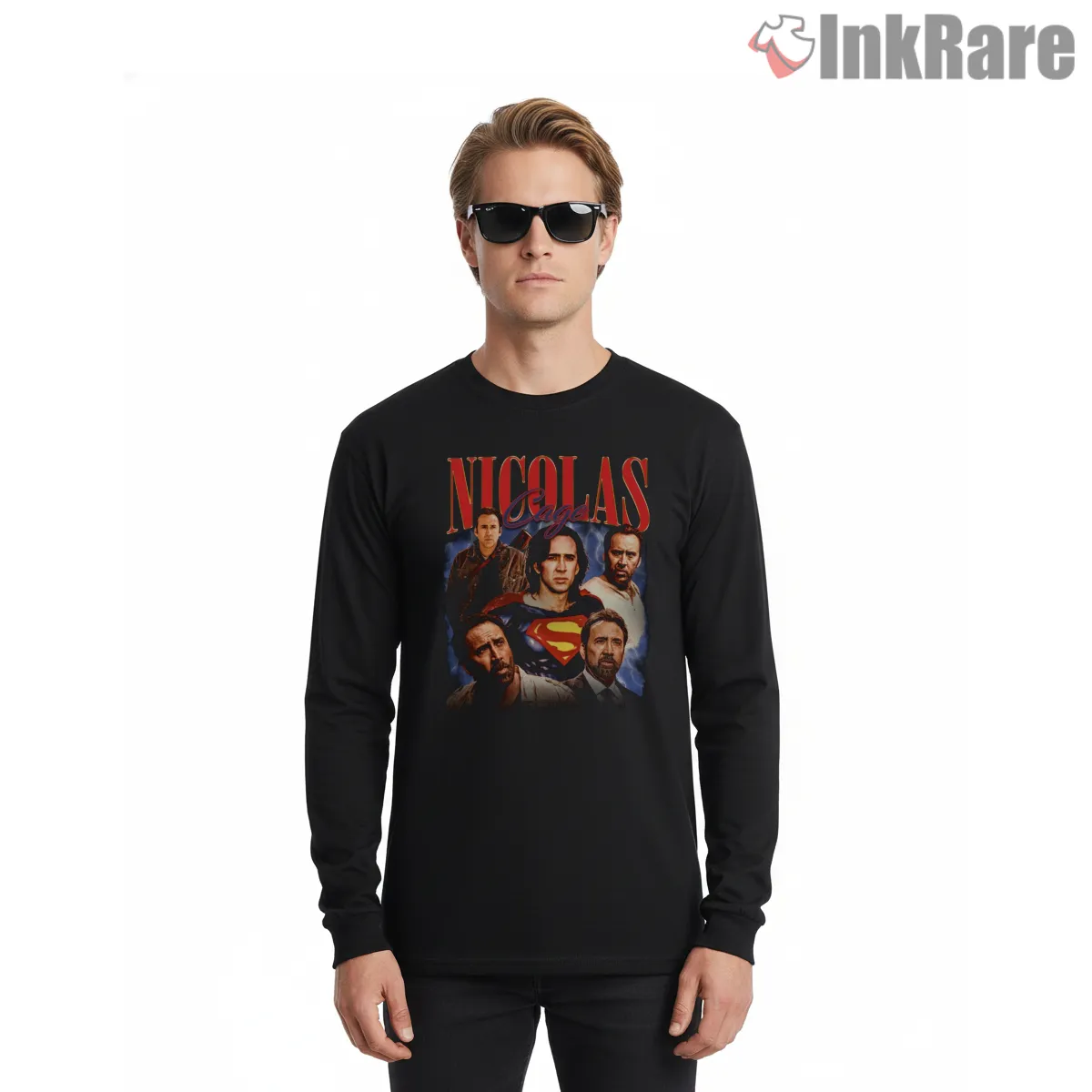 Superman Nicolas Cage Retro 90s Movie Collage Shirt on black long sleeve shirt for men graphic tee