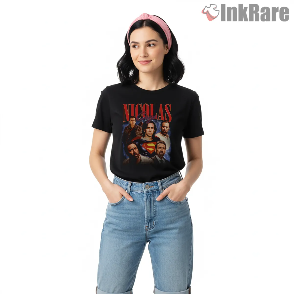 Superman Nicolas Cage Retro 90s Movie Collage Short Sleeve Black Superman Nicolas Cage Retro 90s Movie Collage Shirt on black short sleeve shirt for women graphic tee