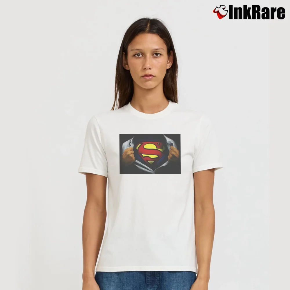 Women’s Superman Ripping Reveal Classic Logo Signature T-Shirt in white | Soft, Flattering Fit
