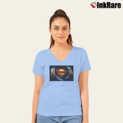 Women’s Superman Ripping Reveal Classic Logo V-Neck Tee in light blue | Chic Neckline, Soft Texture
