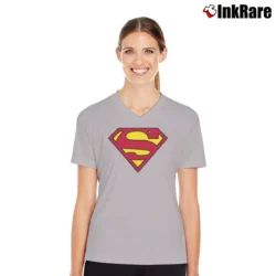 Women’s Superman S Shield Classic Logo Graphic V-Neck Tee in sport grey | Chic Neckline, Soft Texture