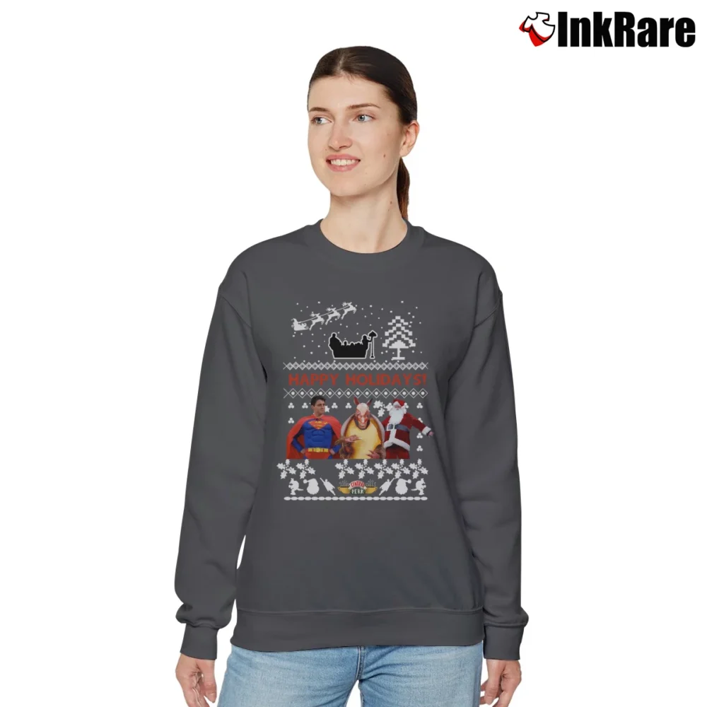 Women’s Superman Santa Friends Ugly Christmas Relaxed Sweatshirt in charcoal | Soft, Laid-Back Vibe