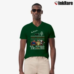 Men’s Superman Santa Friends Ugly Christmas V-Neck Tee in forest green | Sharp, Breathable, Everyday Staple