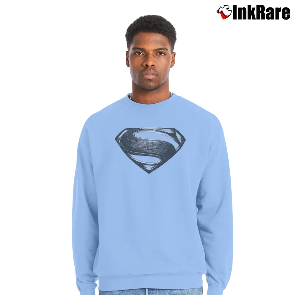 Men’s Superman Silver Symbol Movie Graphic Crewneck Sweatshirt in light blue | Cozy Fabric, Clean Style