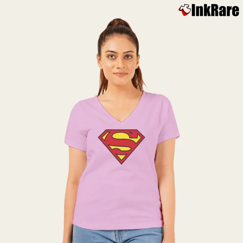 Women’s Superman Sleeveless Muscle Graphic Tank V-Neck Tee in light pink | Chic Neckline, Soft Texture