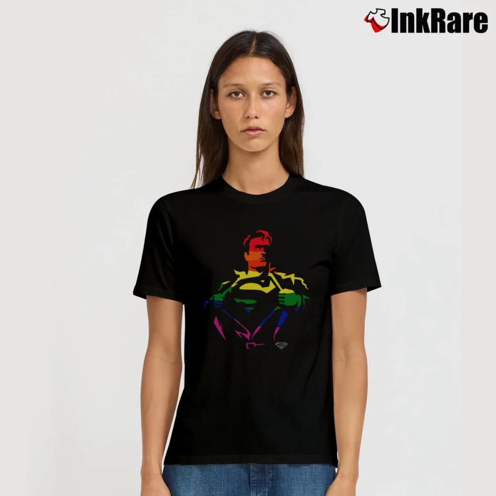 Women’s Superman Suit Reveal Rainbow Logo Signature T-Shirt in black | Soft, Flattering Fit
